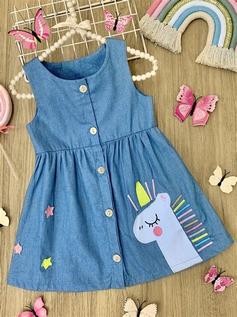 Stars And Unicorns Chambray Dress Girls Denim Dress Toddler Girl