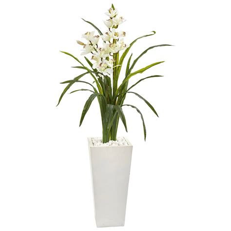 50” Cymbidium Orchid Artificial Plant In White Tower Planter Nearly Natural