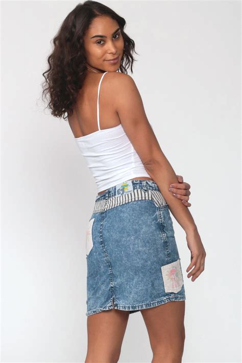 90s Jean Skirt Surfer Print Denim Mini Skirt Pencil Skirt Jeans 80s