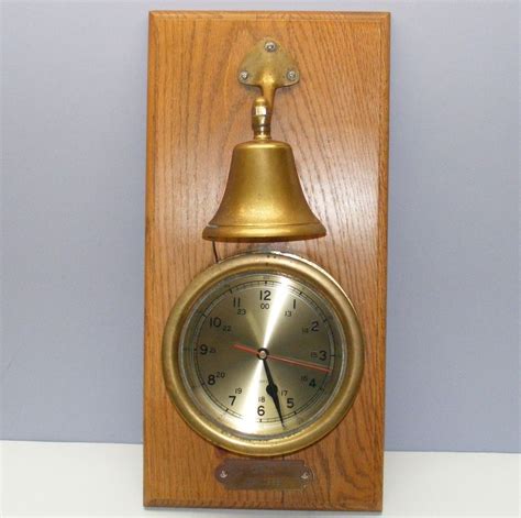 Vtg Quartz Brass Ships Bell Clock Nautical Boat Ringer On 20 12 Oak