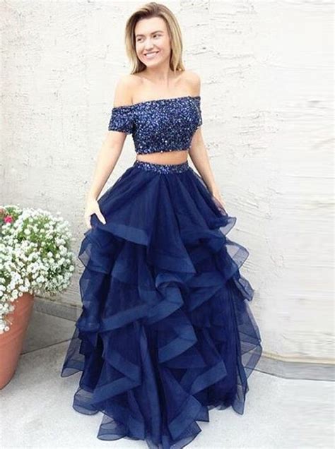 Two Piece Off The Shoulder Short Sleeves Blue Prom Dress
