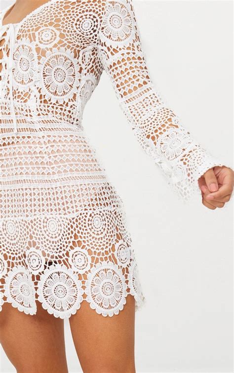 White Tie Front Flare Sleeve Crochet Lace Bodycon Dress Rochii