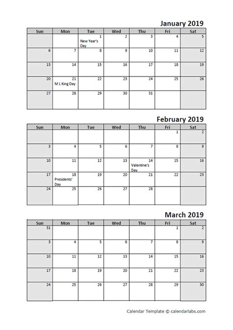2019 Quarterly Calendar With Holidays Free Printable Templates