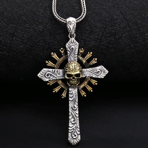 Real Silver 925 Large Cross Pendant For Necklace Golden Gothic Punk