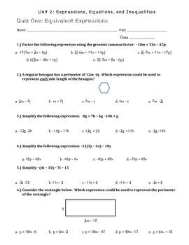 Identify in the given expressions, terms which are not constants. 7th Grade Simplifying and Factoring Expressions Quiz or Review~ multiple choice