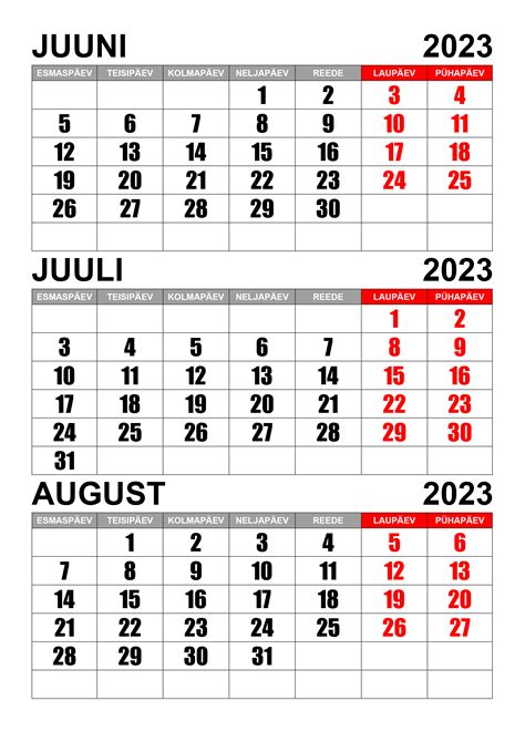 Kalender Juuni Juuli August 2023 Kalendridsu Tasuta Eestikeelsed