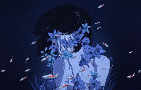 Wallpaper Flowers Girl Minimalism Blue Fish Girl Fish Fish