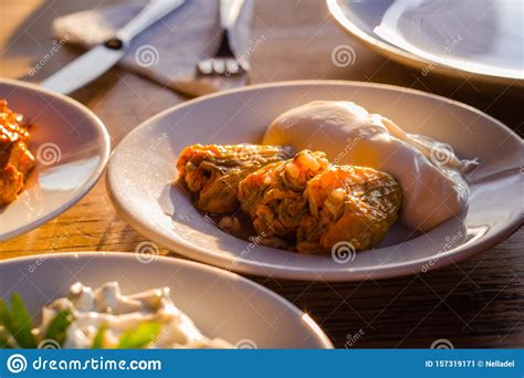 Traditional Turkish Appetizers On Table In Evening Sun Light Stock