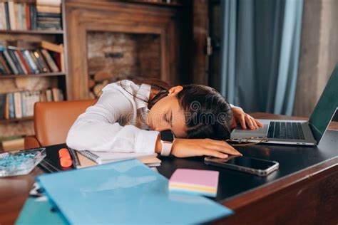 Young Beautiful Woman Fell Asleep At Her Desk Stock Image Image Of