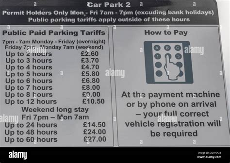 A Sign Detailing Or Showing Car Parking Charges In A Pay To Park National Car Park Privately