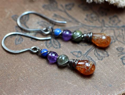 Mixed Gemstone Earrings Antiqued Sterling Silver Wire Wrapped Hessonite