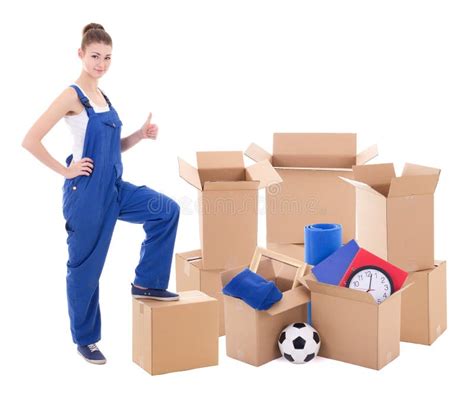 Moving Day Concept Woman Blue Workwear Cardboard Boxes Stock Photos