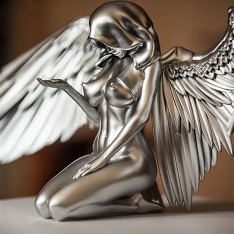 Silver Decor Nude Winged Female Angel Statue Kneeling Woman Home Decor