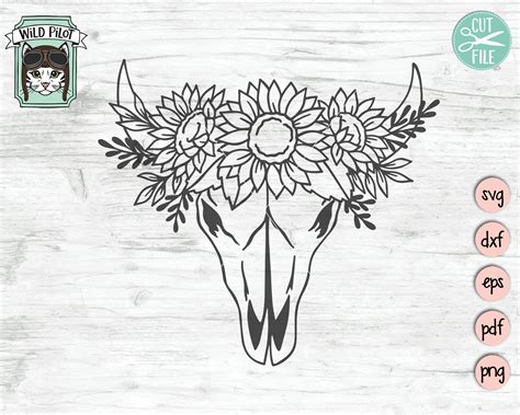 Cow Skull With Flowers Svg File Cow Skull Sunflowers Svg Etsy Canada
