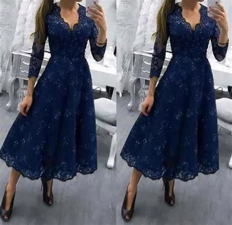 Navy Blue Full Lace Tea Length Mother Of The Bride Dresses 34 Long