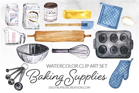Watercolor Baking Supplies Culinary Clipart Baking Clip Art Etsy