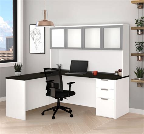Modern L Shaped Desk And Hutch With Frosted Glass Doors In White Deep