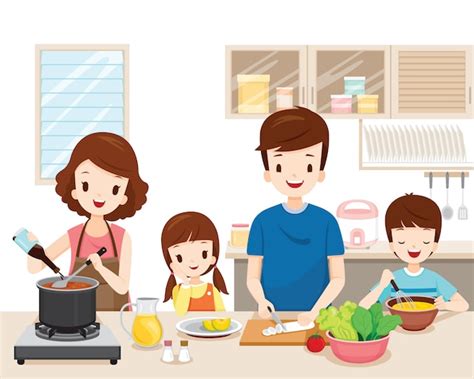 Familia Feliz Cocinando Comida En La Cocina Juntos Vector Premium