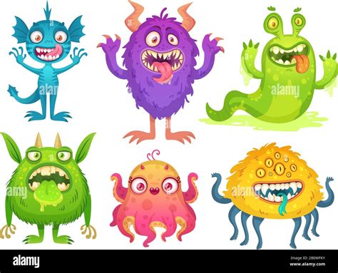 cartoon monster mascot halloween funny monsters bizarre gremlin with horn and furry creations