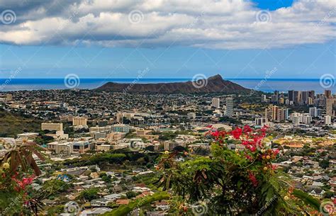 View Of Honolulu Downtown And Diamond Head Volcano In Hawaii Stock