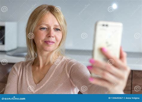 Middle Age Woman Taking A Selfie At Home Stock Image Image Of Home