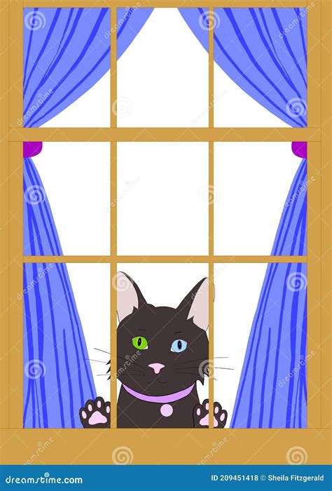 Illustration Drawing Of A Black Cat Looking Out Window With Paws On