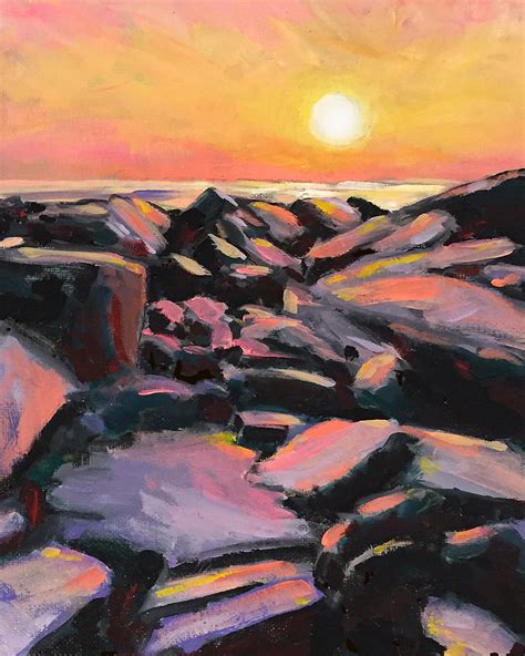 Rocky Shore Sunset Painting By Charles Wallis Fine Art America