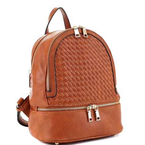 Fc19770 Classy Woven Detail Double Zipper Faux Leather Backpack Brown