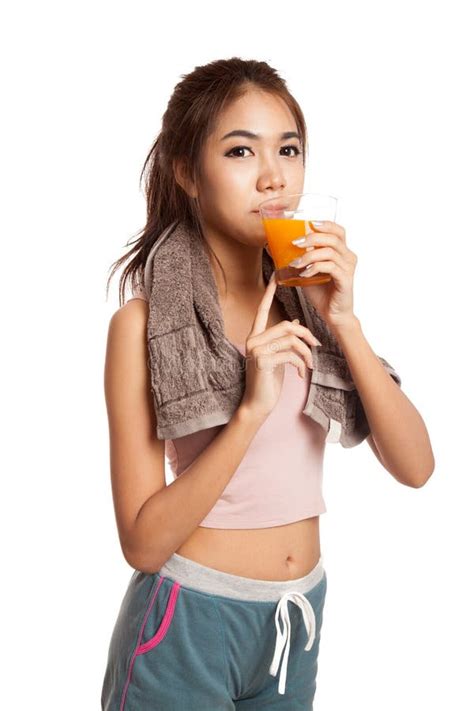Asian Healthy Workout Girl Drinking Orange Juice Stock Image Image Of Skinny Lifestyle 45111939