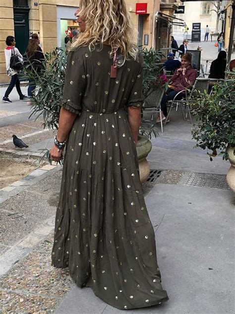 V Neck Women Casual Polka Dots Maxi Dress Roselinlin