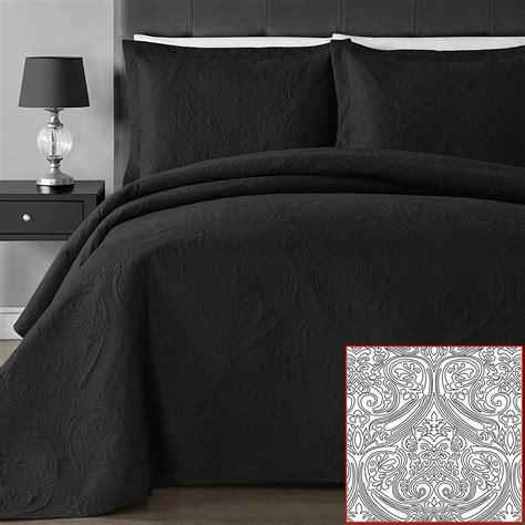 Full Queen Cal King Size Solid Black Oversized 3 Pc Quilt Set Coverlet
