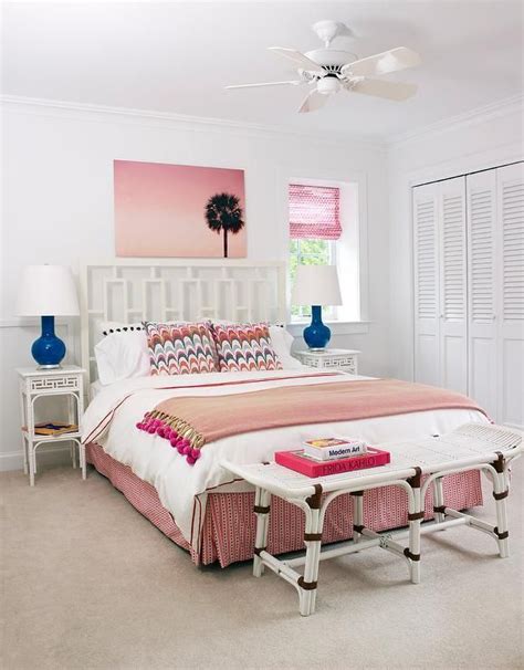 This table lamp set has just the right combination of blue and brown hues to create a coastal farmhouse accent on your end tables or nightstands. White Fretwork Headboard with Navy Blue Lamps - Eclectic | White and pink bedding, Pink bedding ...