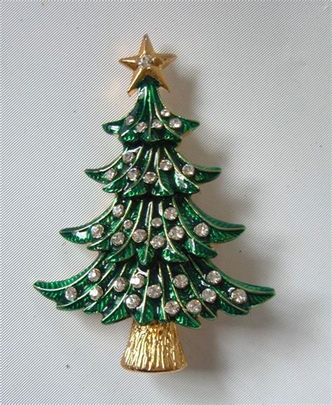 Vtg Green Enamel Rhinestone Xmas Tree Brooch Pin Gold Tone Jewelry