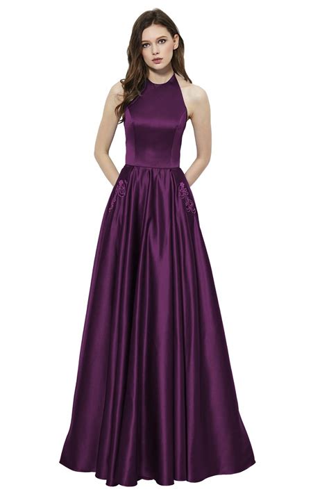women s halter a line beaded satin evening prom dress long formal ball gown with pockets