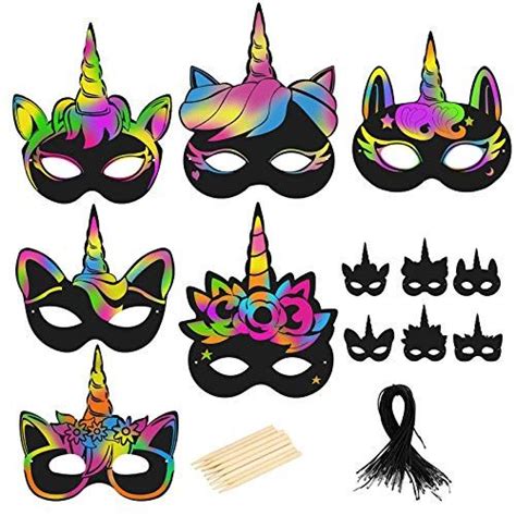 Bigkasi 24pcs Einhorn Masken Set Diy Kratzbild Regenbogen Kratzpapier