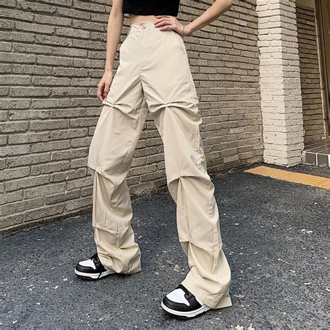 Itgirl Shop Street Fashion Pleated Beige Cargo Baggy Pants