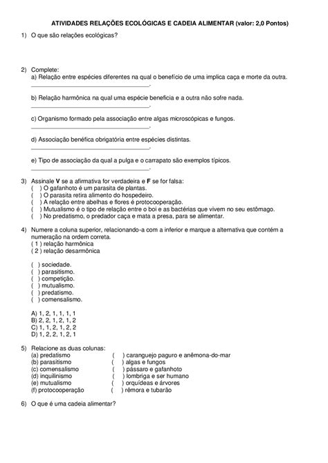 Exercícios Sobre Relações Ecológicas 7 Ano