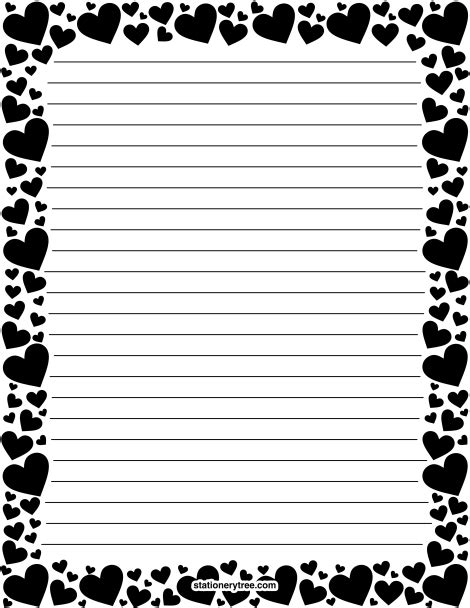 Free printable lined paper template in different sizes with various widths between the lines. Printable Black Heart Stationery