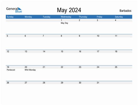 Editable May 2024 Calendar With Barbados Holidays