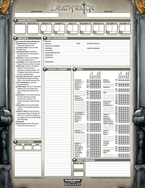 Zorcons Word Deathwatch Character Sheet