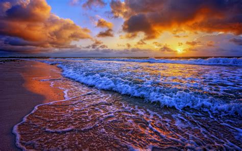 Beaches Sea Ocean Waves Sunset Sky Clouds