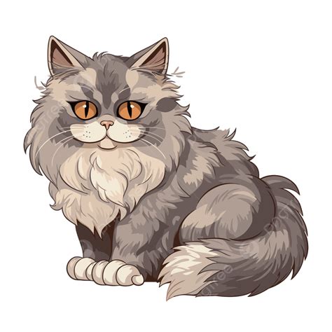 Fluffy Cat Vector Sticker Clipart Gray Longhaired Cat Sitting On The