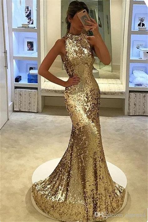 Cheap Glamorous Gold Mermaid Sequined Prom Dresses 2019 Scoop Neck