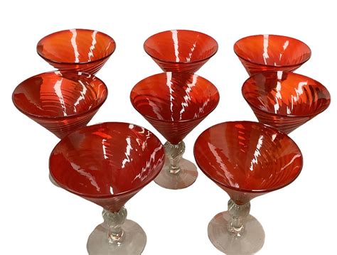 Lot Set Of Eight Hand Blown Red Swirl With Clear Stem Martini Or Dessert Glasses 6 3 4” Tall