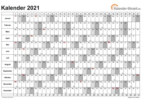 Översiktlig årskalender för 2021, datumen visas per månad inklusive veckonummer. KALENDER 2021 ZUM AUSDRUCKEN - KOSTENLOS
