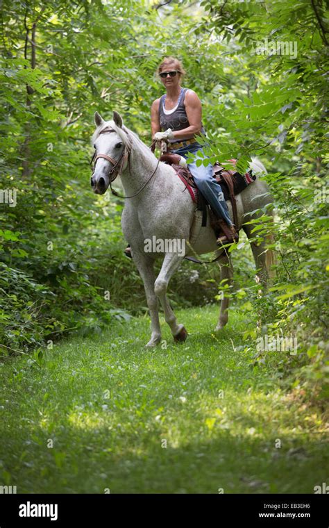 Caucasian Woman Riding Horse In Rural Field Stock Photo Alamy