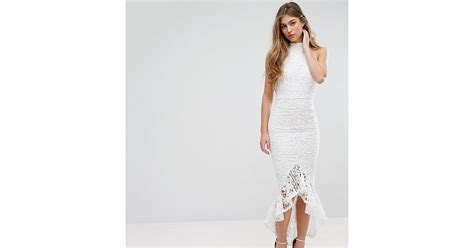 Missguided Lace Halterneck Fishtail Midi Dress In White Lyst Uk