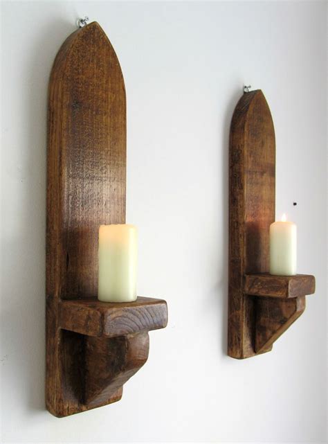 Pair Of 53cm Rustic Solid Wood Antique Wax Gothic Arch Wall Sconce