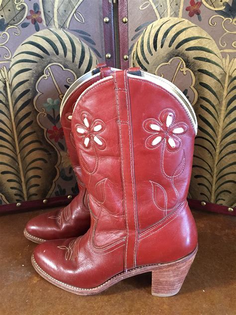 Vintage Dingo Red Leather Daisy Cowboy Boot Flower Etsy Cowboy