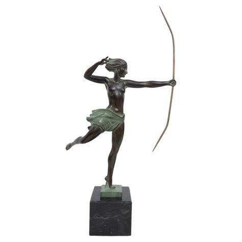 French Art Deco Sculpture Of Diana Nude With Bow By Jean De Marco